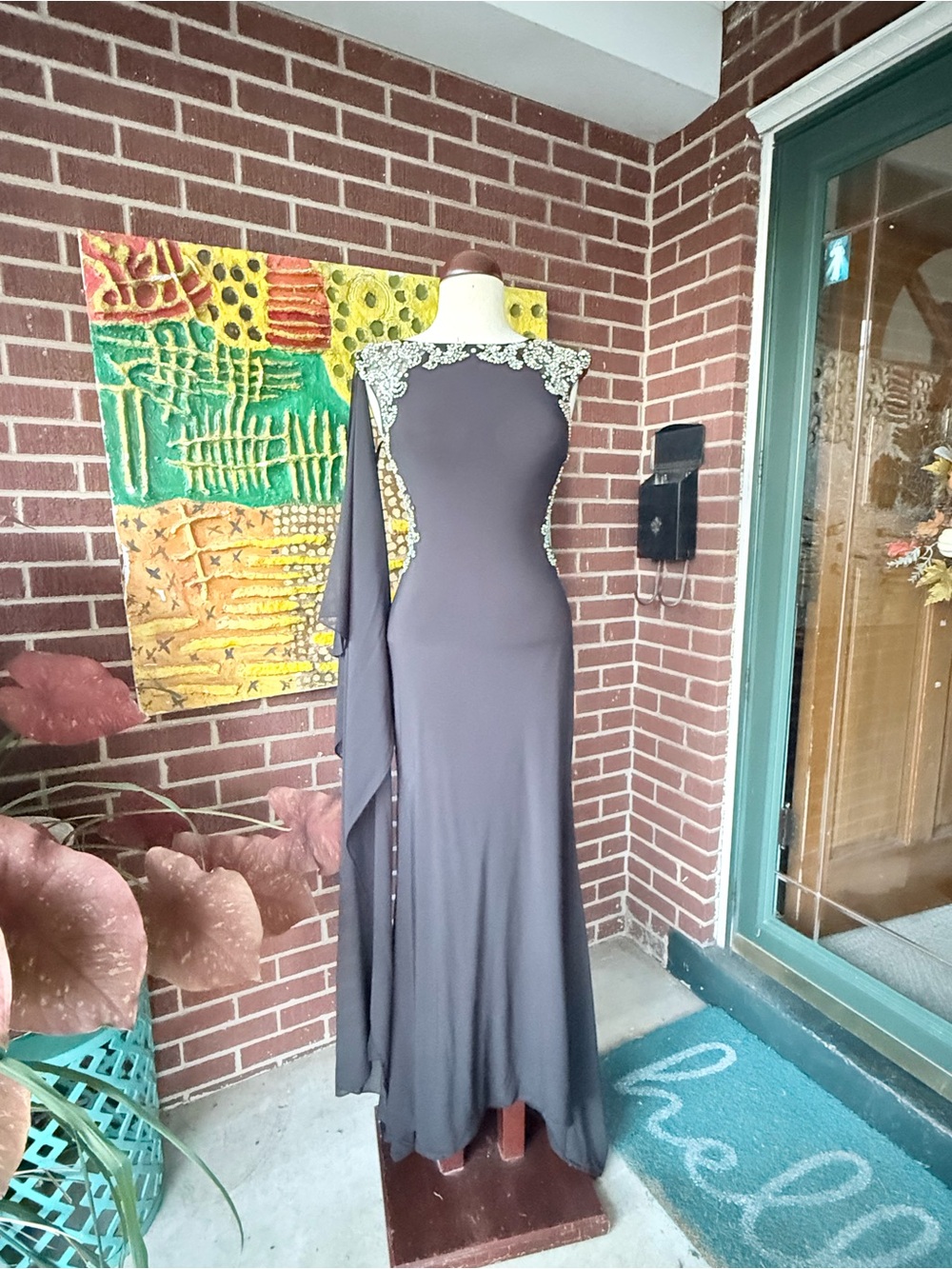 Vintage Black Evening Gown with Embellished Back and Long Train